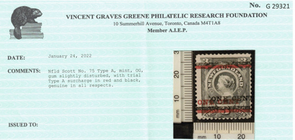 Newfoundland #75E Mint Fine With Trial Type A Surcharge In Red & Black