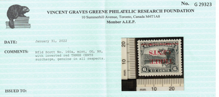 Newfoundland #160a VF/NH Inverted Surcharge In Red **Cert.**