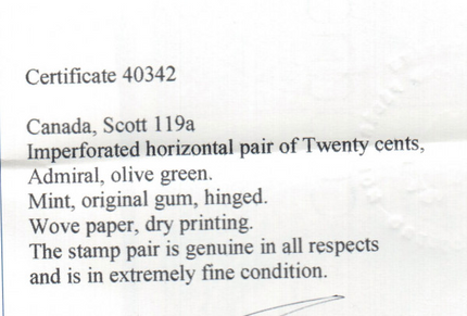 Canada #119a XF Mint Imperforate Pair **With Certificate**