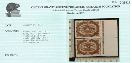 Canada #OX1 VF Mint Rare Imprint Pair **With Certificate**