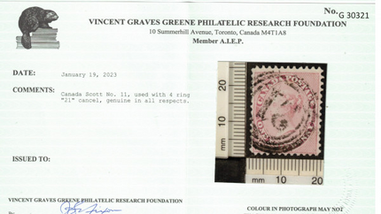 Canada #11 VF Used With 4 Ring 21 Cancel **With Cert.**