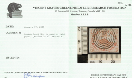 Canada #1 VF Used With Sharp Laid Lines **With Certificate**