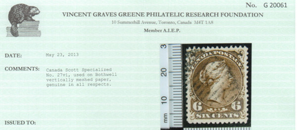 Canada #27vi XF Used On Bothwell Paper **With Certificate**