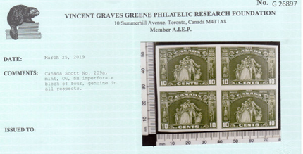 Canada #209a XF/NH Imperforate Block **With Certificate**