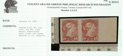 Canada #45c XF/NH Imperf Pair **With Certificate**