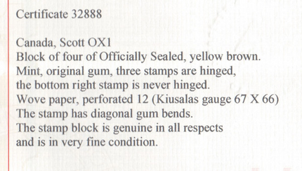 Canada #OX1 VF Mint Block **With Certificate**