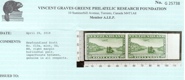 Newfoundland #C10a VF/NH Imperforate Pair **With Cert.**