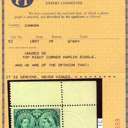 Canada #52 NH Mint Superb gem With Mammoth Margins **With Cert.**