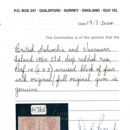 British Columbia #2 Mint Block **With Certificate**