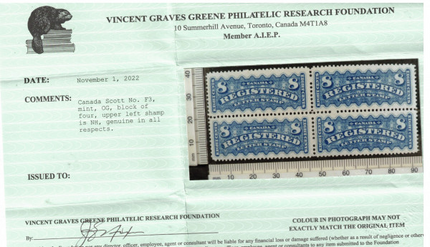 Canada #F3 VF Mint Block **With Certificate**