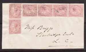 Canada #8 XF Used Strip Of Four & Pair On Cover Front