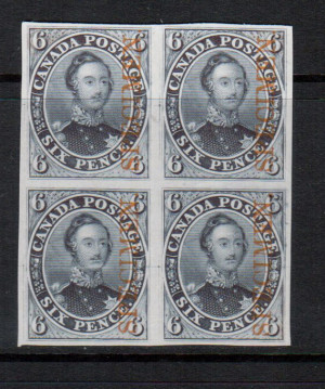 Canada #2TCv VF Proof Block On India Paper With Orange Specimen Overprint